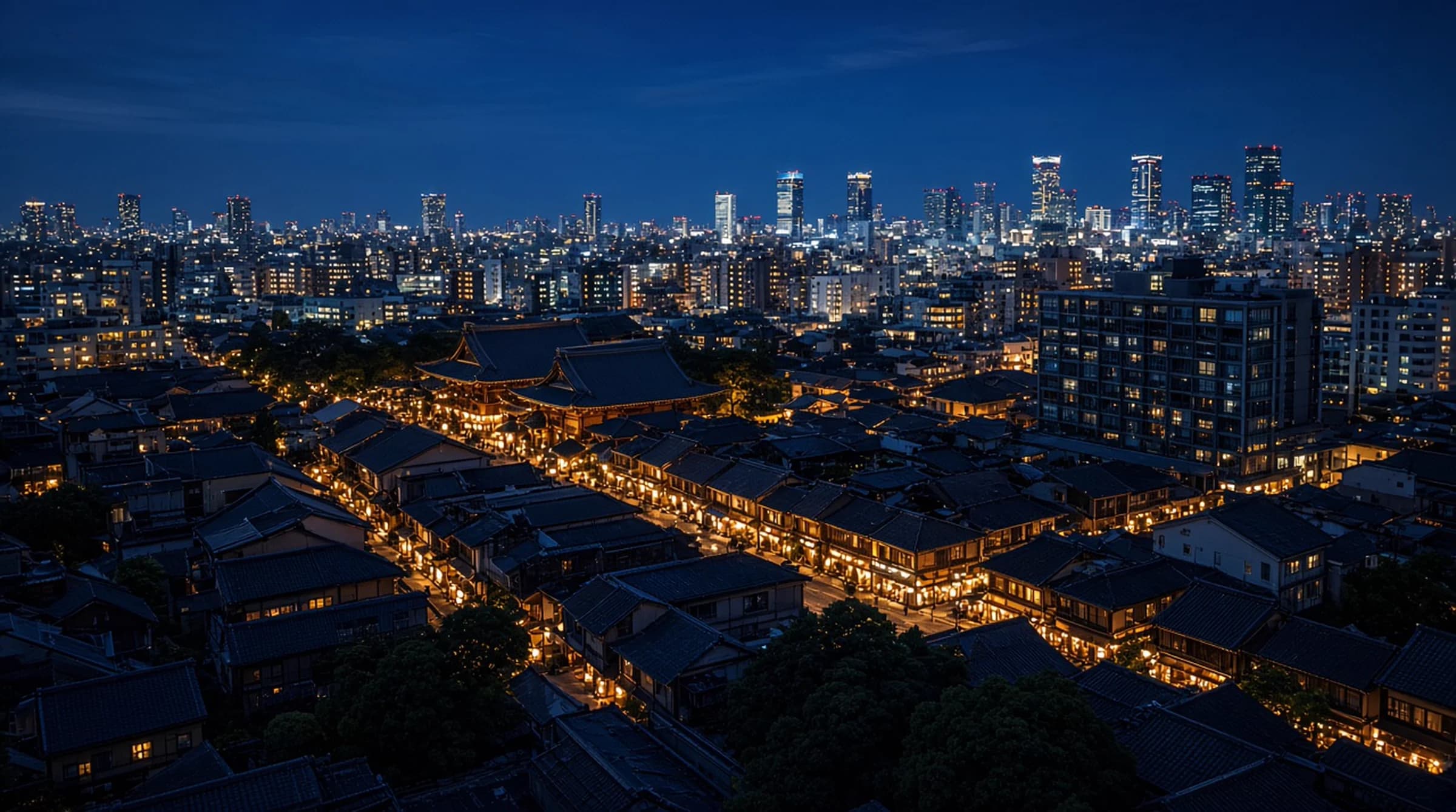 古民家と現代建築が共存する日本の街並み夜景